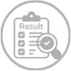 A gray clipboard with the word "Result" written on it, surrounded by a magnifying glass with a checkmark inside.