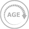 The word "AGE" enclosed in a circle with an arrow pointing downwards, symbolizing the passage of time, aging, or getting older.